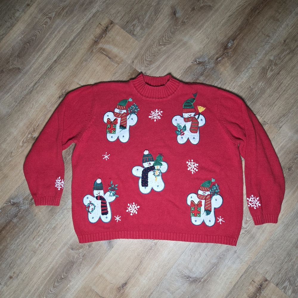 Bedford Fair Lifestyles Vintage Red Christmas Sweater 1X Gingerbread Snowmen